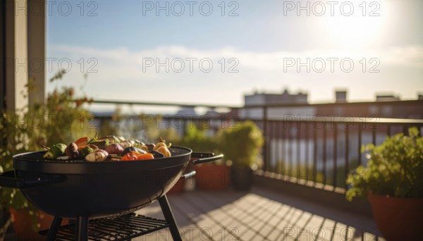 Cooking vegetables on grill on the balcony, healthy lifestyle, vegetarian barbeque, leisure time in summer, suburban setting with blurred background, soft golden light of evening, blue sky, AI generated