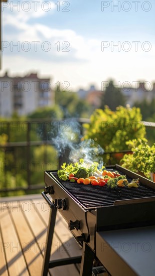 Cooking vegetables on grill on the balcony, healthy lifestyle, vegetarian barbeque, leisure time in summer, suburban setting with blurred background, soft golden light of evening, blue sky, AI generated