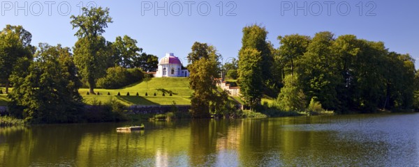 Baroque terrace garden on Lake Huwenow in Meseberg Castle, guest house and conference venue of the Federal Government, Gransee, Brandenburg, Germany