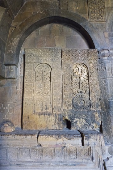 Stone reliefs and decorated arches in historic church, Noravank monastery, Surb Karapet Anabaptist church, Noravank, Vayots Dzor province, Vayots Dzor, Armenia, Caucasus