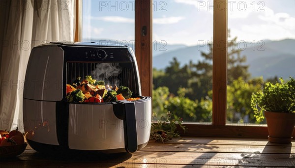 Air fryer with grilled vegetables, wooden table in the kitchen, healthy eating, healthy vegetarian lifestyle with fruits and vegetables, close up with blurred background, soft light, AI generated