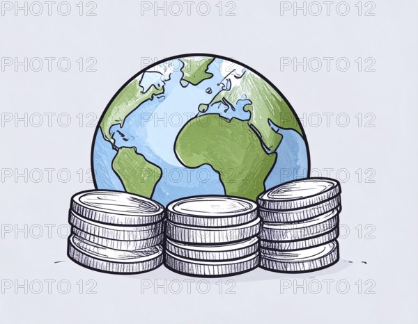 Green earth globe with silver coin stack symbolizing global finance economy and sustainable growth, abstract geometric vector illustration, wallpaper template background, AI generated