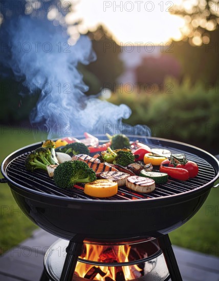 Cooking vegetables on grill outdoors, healthy lifestyle with healthy food, close up of grill with blurred background, soft golden light, picnic in the green park or garden, no people, AI generated