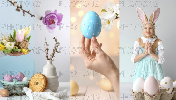 Collage of easter symbols, rabbit, fresh blooming flowers, bird's nest, colored easter eggs, sweets, chocolate and cakes, symbolic wallpaper illustration for festive easter vacation, AI generated
