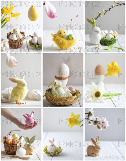 Collage of easter symbols, rabbit, fresh blooming flowers, bird's nest, colored easter eggs, sweets, chocolate and cakes, symbolic wallpaper illustration for festive easter vacation, AI generated