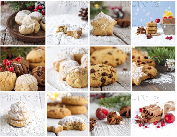 Collage of Christmas cookies and sweets, variation of sweet desserts, lots of unhealthy calories, soft golden light, festive wallpaper background, AI generated