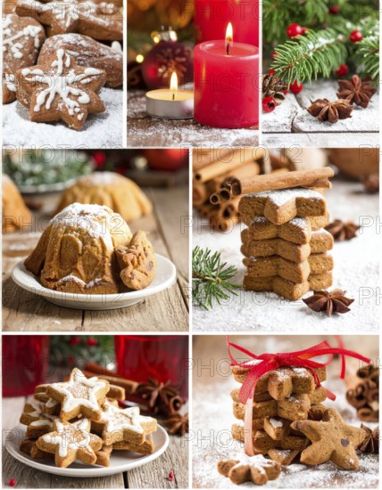 Collage of Christmas cookies and sweets, variation of sweet desserts, lots of unhealthy calories, soft golden light, festive wallpaper background, AI generated