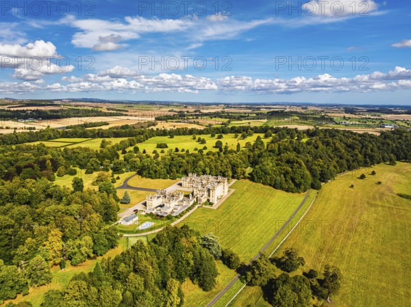 Floors Castle and garden from a drone, Duke of Roxburghe, Roxburghshire, Scotland, UK