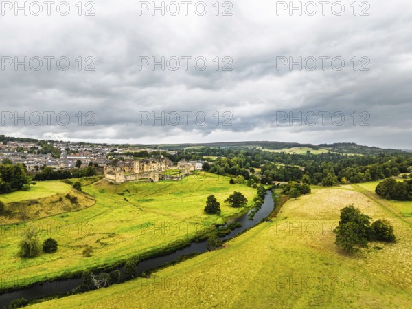 Alnwick Castle from a drone, Alnwick, Northumberland, England, United Kingdom