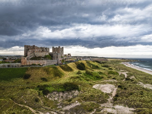 Bamburgh Castle from a drone, Northumberland, Northeast Coast, England, United Kingdom