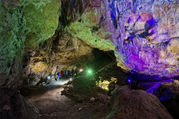 Coloured lighting, fog cave, stalactite cave in the Swabian Jura, stalactites, stalactite forest, interior view, Lichtenstein, Baden-Württemberg, Germany