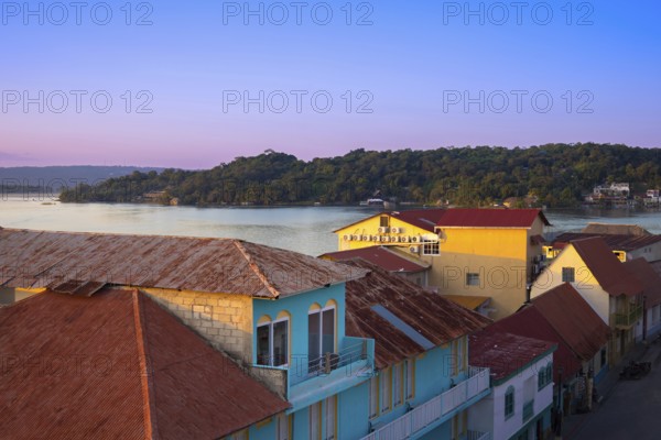 Colorful colonial architecture of historic center of Flores, Guatemala