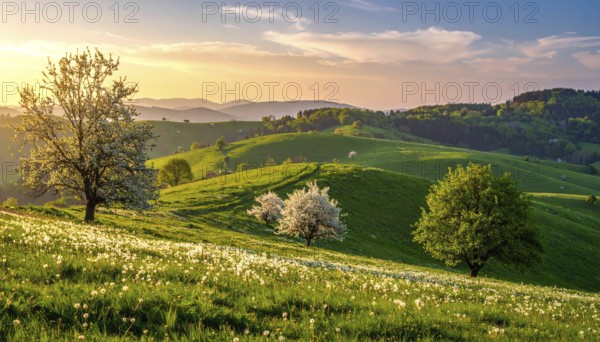 Spring blooming landscape, trees in the foreground, green hills covered with blooming flowers, clear blue sky at sunset, vacation and holiday concept, beauty of nature, AI generated