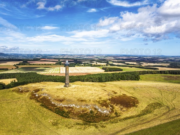 Waterloo Monument over Scottish fields and farms from a drone, Jedburgh, Scotland, UK