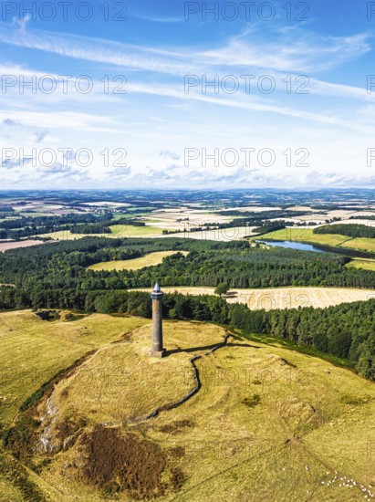 Waterloo Monument over Scottish fields and farms from a drone, Jedburgh, Scotland, UK