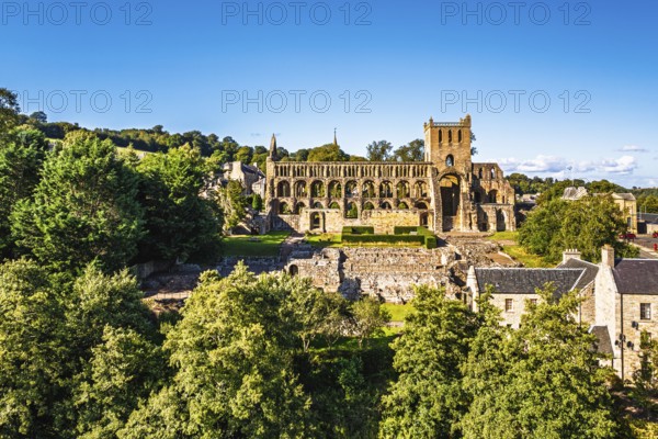 Jedburgh Abbey from a drone, Augustinian Abbey, Jedburgh, Scottish Borders, Scotland, UK