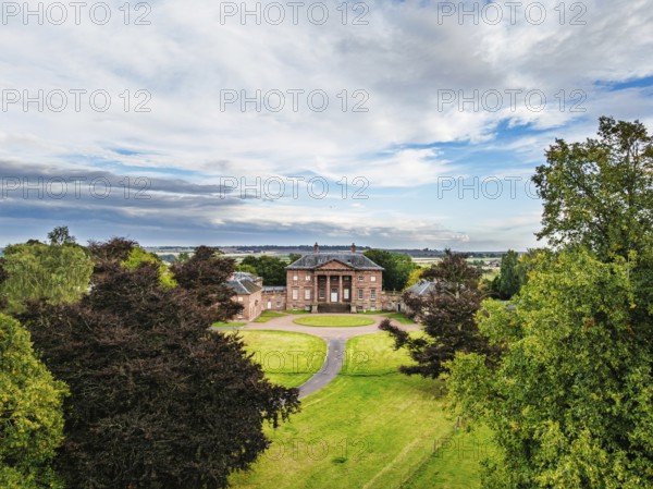 Paxton House over River Tweed from a drone, Paxton, Berwick-upon-Tweed, Berwickshire, Scotland, UK