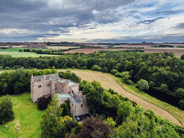Hutton Castle from a drone, Whiteadder Water, Chirnside, Scottish Borders, UK