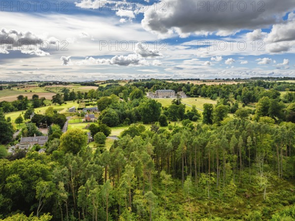Marchmont House and garden from a drone, Marchmont Estate, Greenlaw, Berwickshire, Duns, Scotland, UK