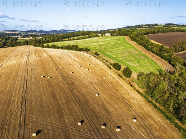 Straw bales in the Scottish fields from a drone, Southeast Scotland, UK