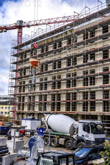 Construction site, residential construction, 50 new, publicly funded rental apartments, catering, commercial space, Weber1 urban district, city center, Essen, North Rhine-Westphalia