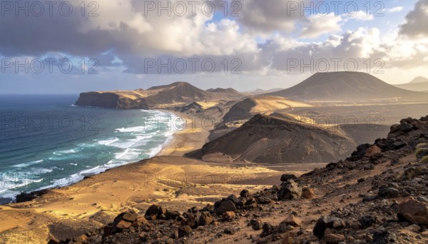 Desert landscape converges with ocean along a rugged coastal area, shore break at cliffs, blue cloudy sky at sunset, dry landscape in an aerial drone view, AI generated