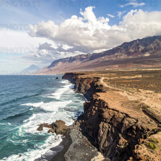 Desert landscape converges with ocean along a rugged coastal area, shore break at cliffs, blue cloudy sky at sunset, dry landscape in an aerial drone view, AI generated