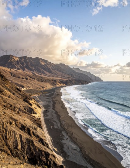 Desert landscape converges with ocean along a rugged coastal area, shore break at cliffs, blue cloudy sky at sunset, dry landscape in an aerial drone view, AI generated