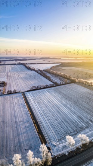 Bird Eye Perspective of Frost Covered Farmland. Seasonal Agricultural Scenery, winter and autumn scene, blue sky with golden light at sunrise, AI generated