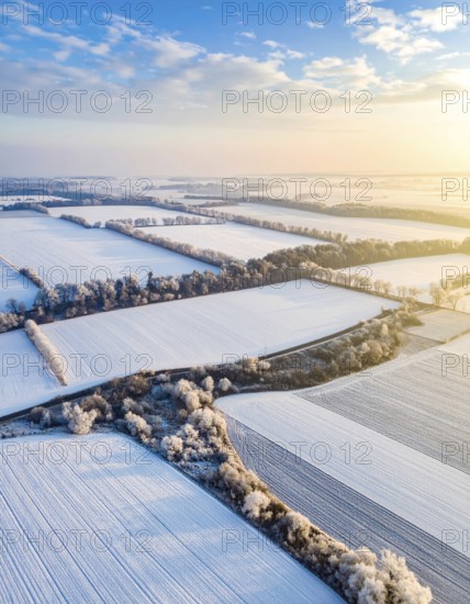 Bird Eye Perspective of Frost Covered Farmland. Seasonal Agricultural Scenery, winter and autumn scene, blue sky with golden light at sunrise, AI generated