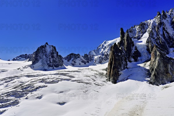 View of the mountains from the Télécabine Panorama Railway, La Tour Ronde, Mont Blanc, Le Mont Blanc du Tacul, in the foreground the glacier du Géant, Chamonix-Mont-Blanc, Haute-Savoie, France