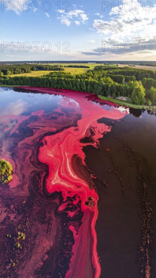 Red algae plant on the lake. abstract ecology nature concept, wild landscape with vibrant red colored water and green forest on a sunny day in summer, Aerial view, wilderness nature with no people around, AI generated