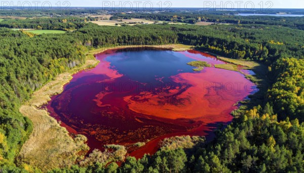 Red algae plant on the lake. abstract ecology nature concept, wild landscape with vibrant red colored water and green forest on a sunny day in summer, Aerial view, wilderness nature with no people around, AI generated