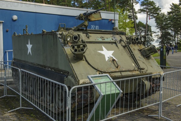 Disused small armored vehicle small tank M113 A2 APC lead tank transport tank crew transport tank, most common tracked vehicle in the western world in the open-air museum Point Alpha on the former inner German border between FRG West Germany and GDR Eastern Bloc, Point Alpha Memorial, former zone border, Rasdorf, Hesse, Geisa, Thuringia, Germany