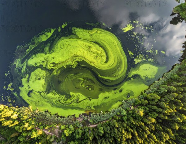 Green algae on the lake. Aerial view of nature, landscape with hills and forest in summer, cloudy sky, golden light at sunset, AI generated