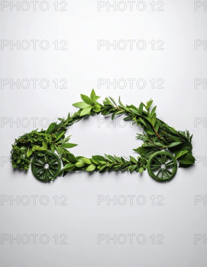 Car formed by green leaves and branches. Sustainable Car technology, ecology concept in harmony with nature, abstract wallpaper illustration, AI generated