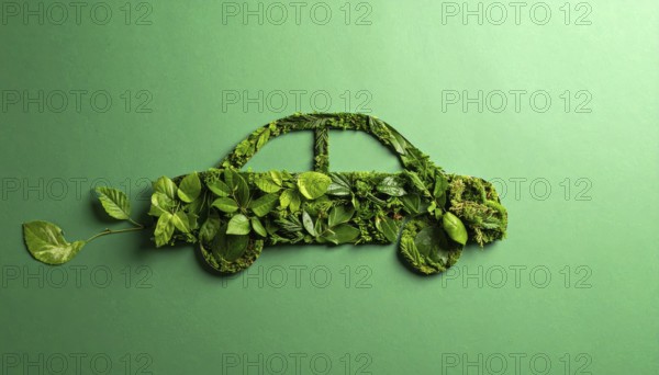 Car formed by green leaves and branches. Sustainable Car technology, ecology concept in harmony with nature, abstract wallpaper illustration, AI generated
