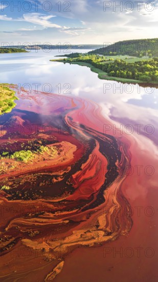 Red algae plant on the lake. abstract ecology nature concept, wild landscape with vibrant red colored water and green forest on a sunny day in summer, Aerial view, wilderness nature with no people around, AI generated