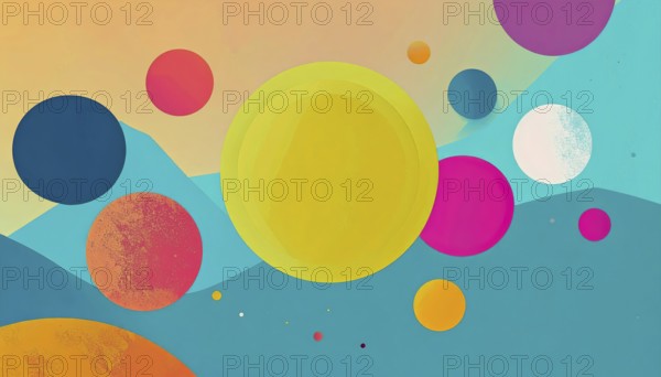 Vector art illustration, spheres, rectangles, triangles and geometric pattern, vector wallpaper illustration, textured background in vibrant colors, abstract drawing, simple artwork design for template or banner, AI generated