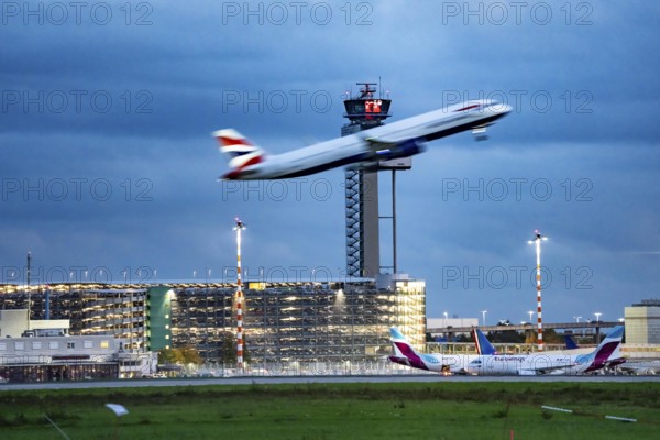 Airplane taking off from Düsseldorf Airport, Air Traffic Control Tower, North Rhine-Westphalia, Germany