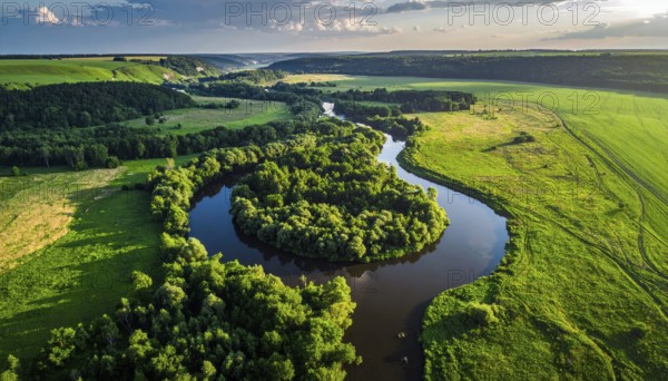 Ecology and environment concept. Green wilderness nature from above. Aerial view on meandering river landscape with trees and meadows. Healthy nature with tranquil atmosphere, AI generated