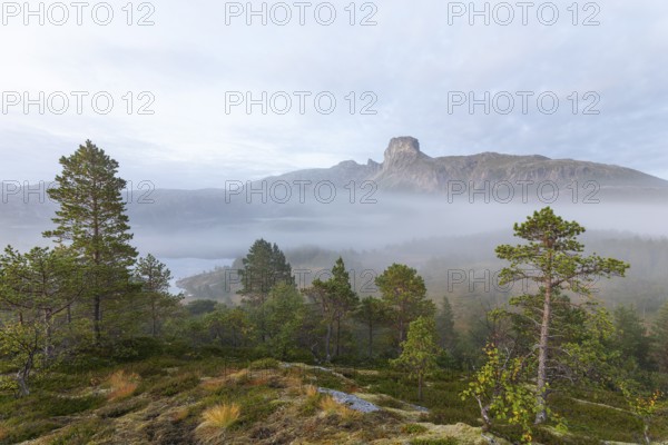 Magical morning fog on Steigtindvatnet in front of the majestic Steigtinden in Norway near Bodø