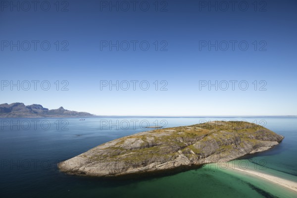 Sunny day and turquoise blue sea at Hovdsundet near Bodø, Nordland, Norway
