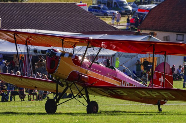 A Stampe-Vertongen SV-4A double-decker registered with HB-UPR during a flight demonstration as part of an air show on Rossfeld in Metzingen-Glems, Baden-Württemberg, Germany, for editorial use only