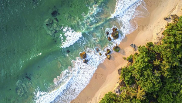 Green algae on the sandy shore of an ocean. Fascinating phenomenon of wild coastline with green plants, white sands, stone, blue water and cliffs, Aerial view of a beautiful abstract unreal and textured landscape, AI generated