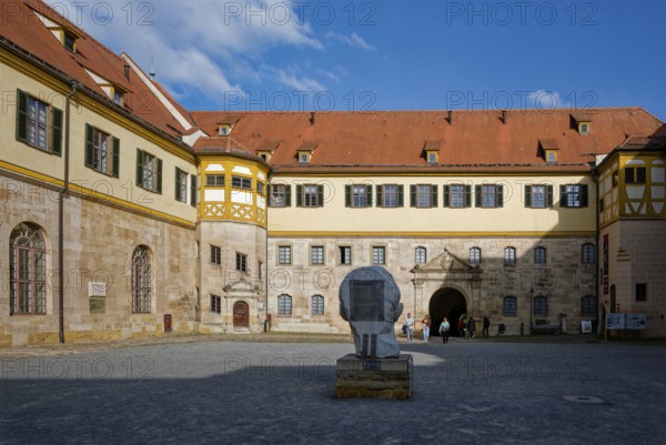 Courtyard with monumental portrait of Roman Emperor Augustus, Hohentübingen Castle, Tübingen, Baden-Württemberg, Germany