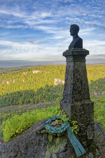 Wilhelm Hauff Memorial, memorial stone for Wilhelm Hauff, Romantic writer and fairy tale poet, Lichtenstein Castle, also known as Württemberg's fairytale castle, built in the style of historicism, Lichtenstein, Swabian Jura, Baden-Württemberg, Germany