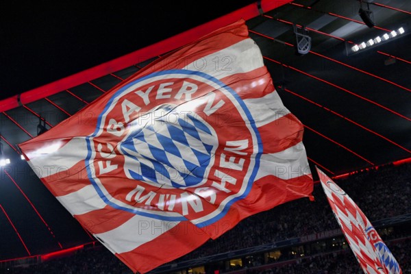 Flag, flying under stadium roof, logo FC Bayern Munich, FCB, Champions League, Allianz Arena, Munich, Bayern, Germany