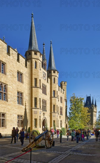 Courtyard, Hohenzollern Castle, ancestral home of the House of Hohenzollern, noble family, German emperors, Bisingen, Baden-Württemberg, Germany