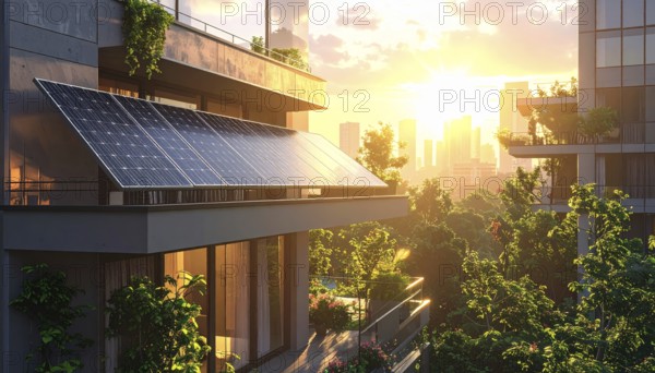Sunlight Glinting Off Solar Panels on Contemporary Apartment Balcony, energy solution, concept of sustainable energy and environment protection, AI generated